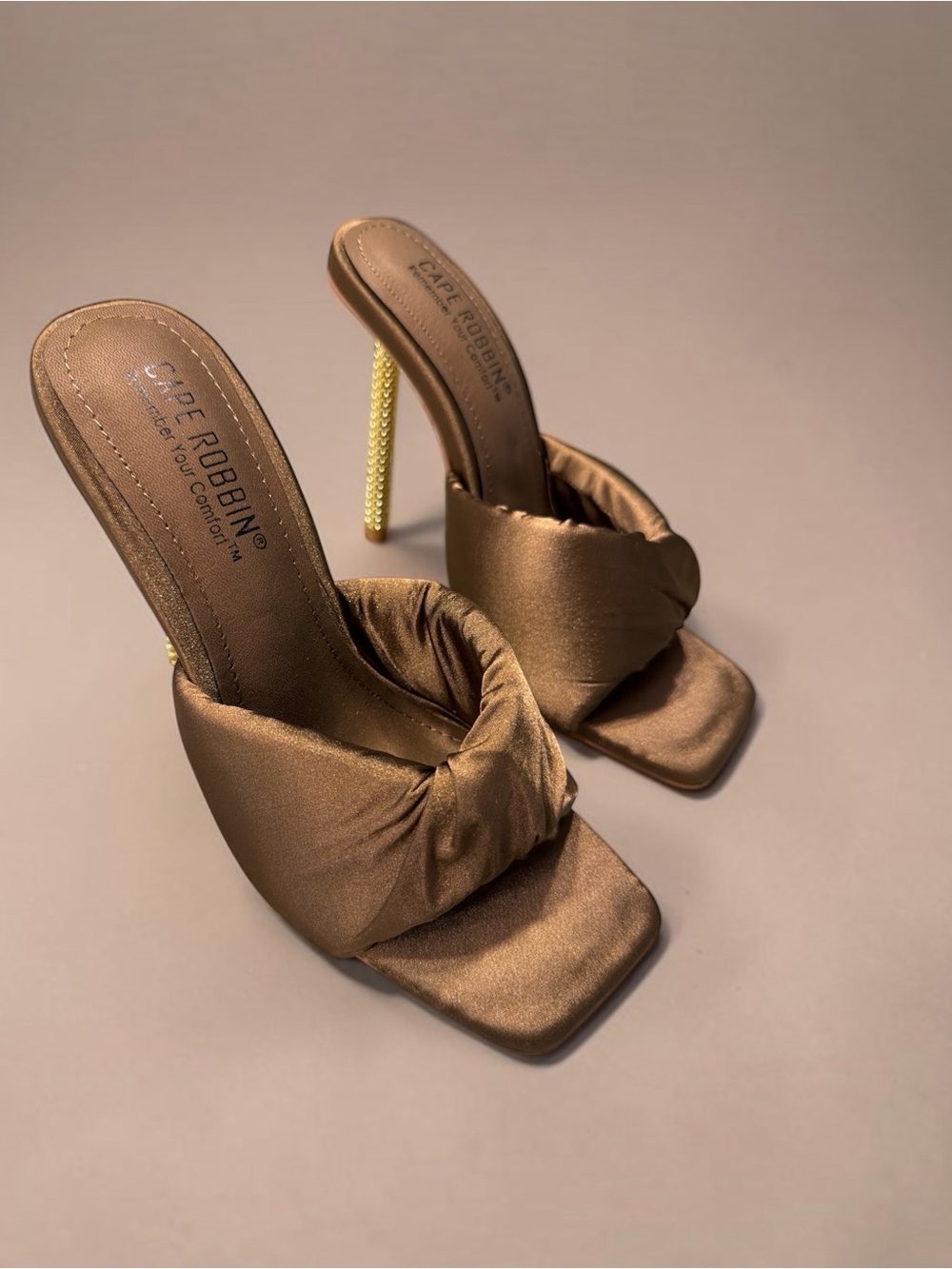Cape Robbin Bronze Satin Knot Mule Heels with Gold Beaded Heel
